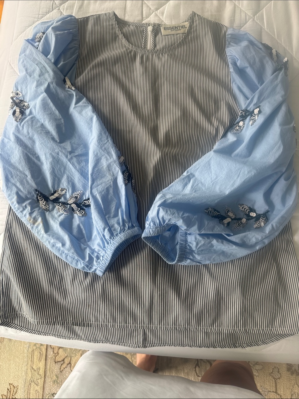 Essentiel Light Blue Embroidered Puff-Sleeve Blouse